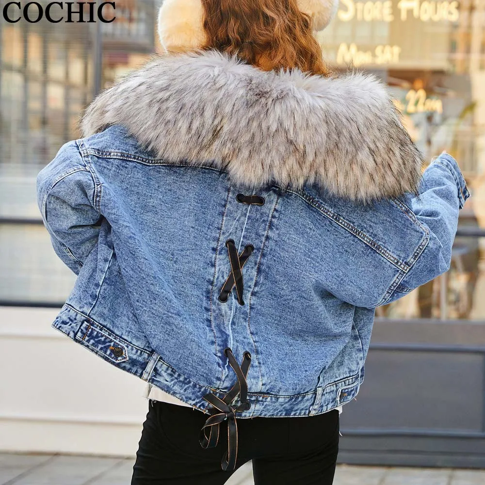 

Big Flaux Fur Collar Thick Warm Cotton Denim Coat Plus Velvet Fleece Back Lace Pocket Winter Jacket Parkas