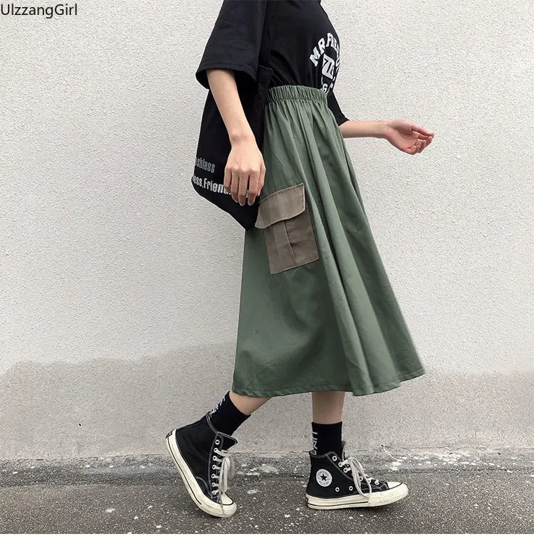Хаки камуфляж зеленый карман Высокая талия карго уличная Harajuku Корейская женская мода свободная А-силуэт длинная юбка миди летняя Mori Girl