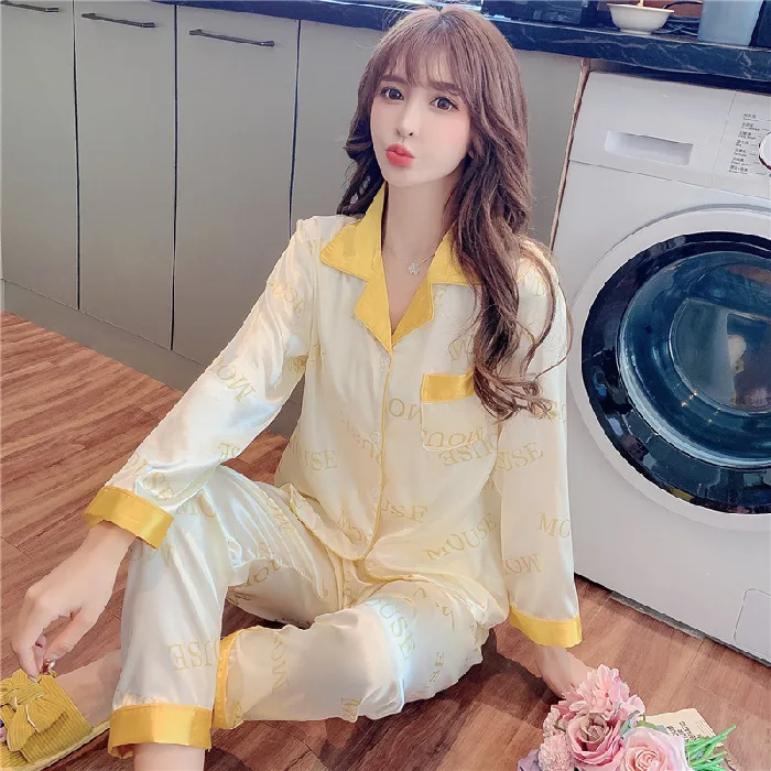 

Women Two Piece Set Autumn Imitation Silk Pajamas Sets Lapel Long Sleeve Home Wear Ladies Mujer Sexy Satin Tops+Pants Sleepwear