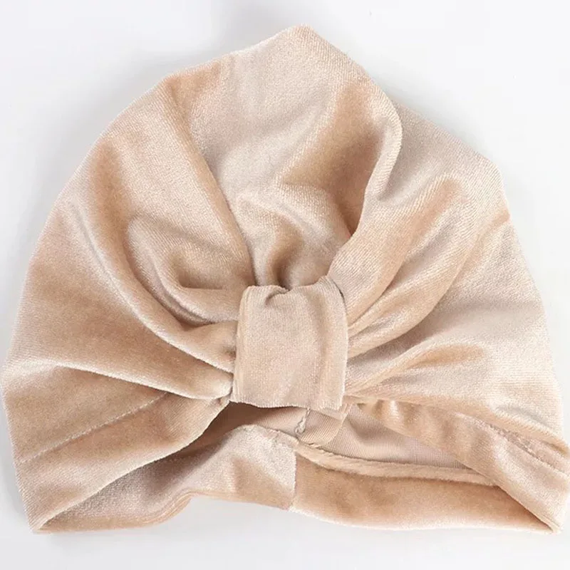 Gold Velvet Bow Hat Baby Girl Turban Soft Bohemian Style Headbands Newborn Cap for Hair Accessories | Мать и ребенок