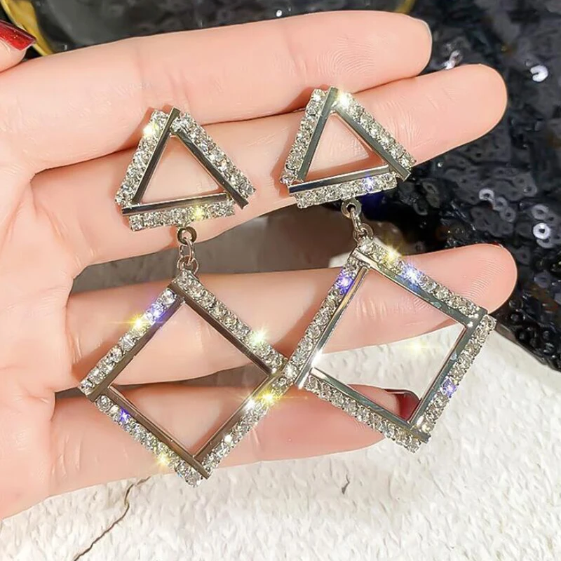 Женские серьги модные Геометрические Квадратные хрустальные с подвеской