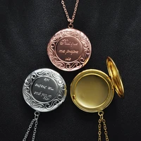 1pc carved letter round locket pendants for women men can open photo frame glossy stainless steel necklaces family collar