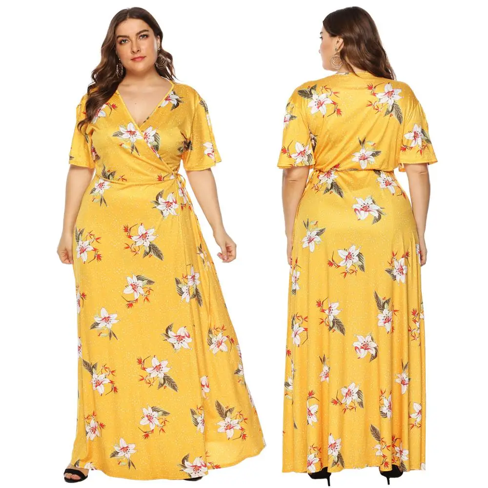 

L-4XL Flower Print Short Sleeve Long Summer Dress Plus Size A-Line Sundress Yellow Green Black Big Size Dress Elegant Vestido