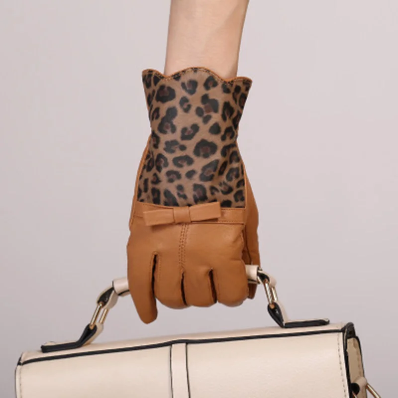 Перчатки женские из натуральной кожи зимние леопардовые с бантом | Аксессуары