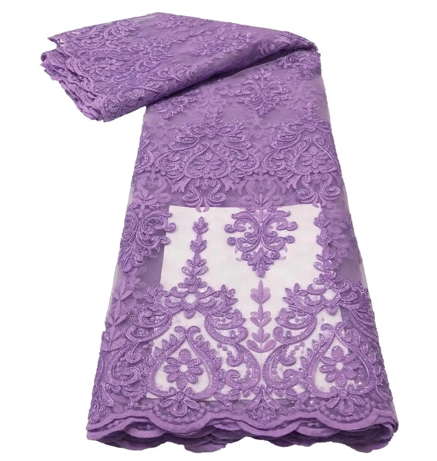 

New Embroidery Africa French Tulle Mesh Lace Fabric For Party Sewing Purple Color Sequins Lace Fabric Nigerian Net Lace Fabrics