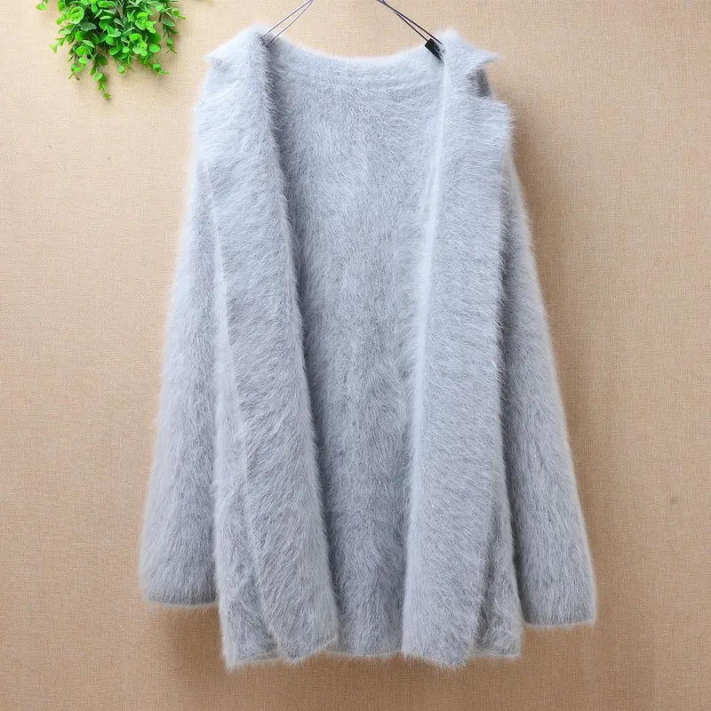 Body75cm Chest96cm Модный теплый пушистый норковый кашемировый длинный кардиган с воротником, женский свободный свитер с длинными рукавами из Ангорского меха, зимнее пальто - Цвет: Body75cm Chest96cm