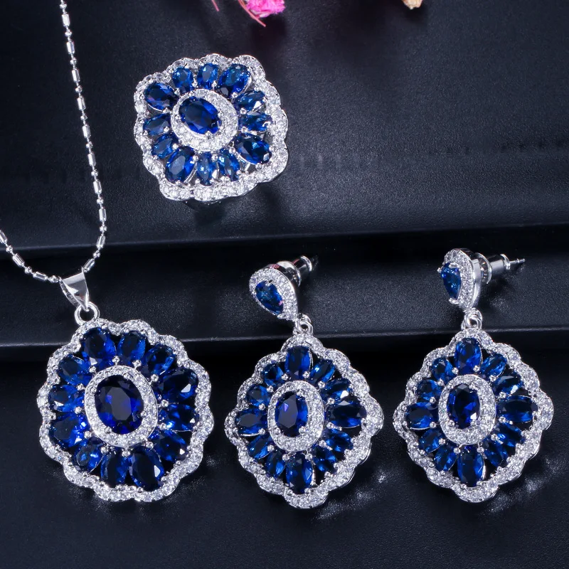 

European And American Fashion Color Zircon Necklace Earrings Ring Set Women's Top Grade Jewelry 3 Pieces Sets