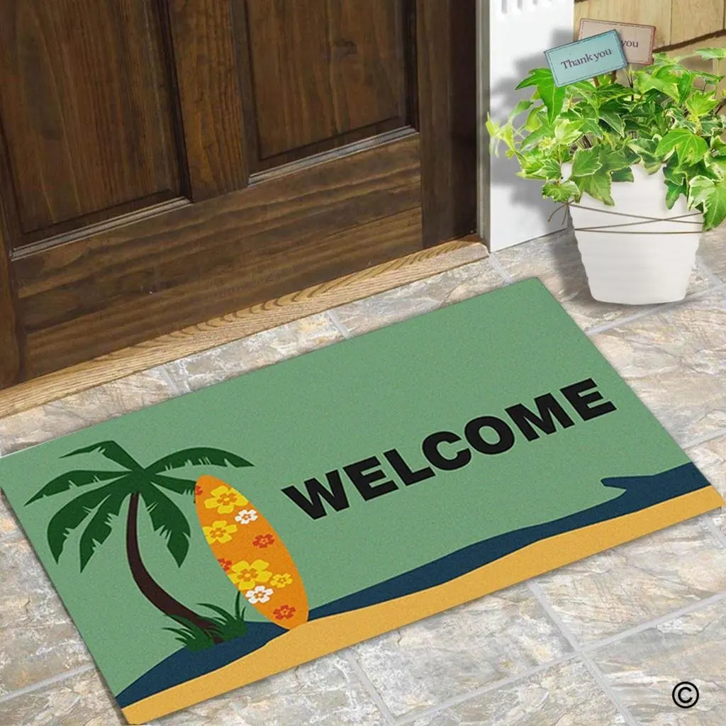 

Entrance Floor Mat Funny Door Mat Coconut Trees And Surfboards Welcome Non-slip Doormat Kitchen Decor Rug Carpet