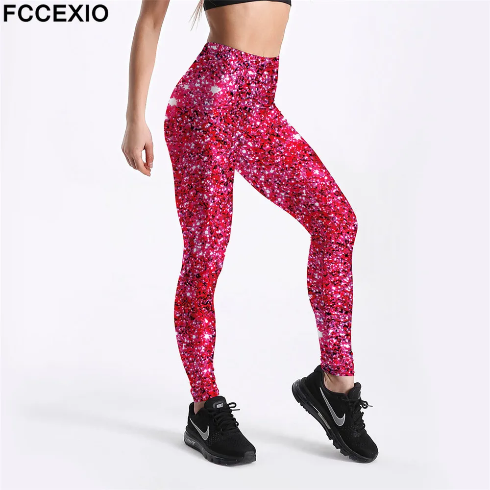 

FCCEXIO New Women Fitness Workout Fashion Leggings Pink Sequins 3D Digital Print Push Up Women Elastic Force Legging