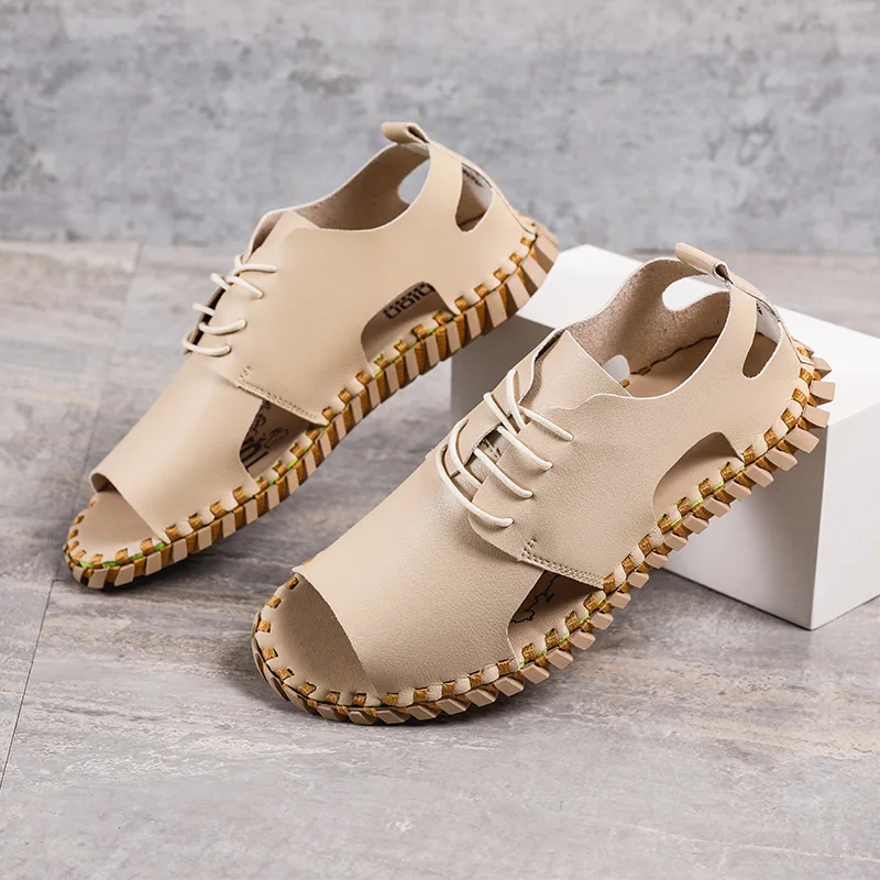 

Summer Man Casual Shoes Hollow Hole Men's Casual Sandals Solid Genuine Leather Soft Men Footwear Breathable Slip on Sandals %