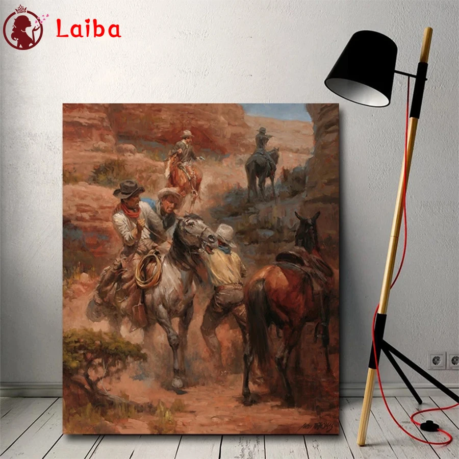 

Diamond Embroidery Western landscape, cowboy, horse Full Square round Diamond Mosaic Art Painting Cross Stitch Wall Decor