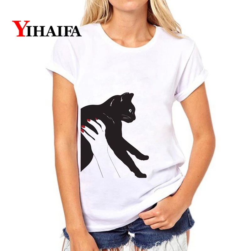 Повседневные женские футболки с коротким рукавом harajuku животным рисунком кота и