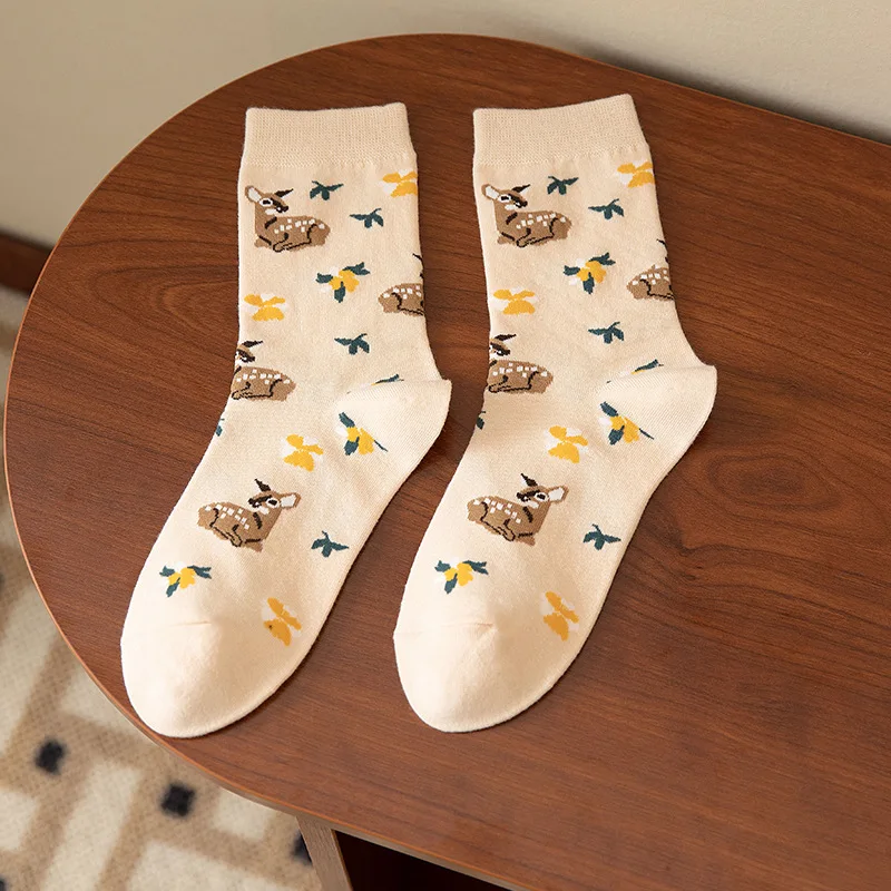5Pairs Embroidery Deer Socks Women Japanese Korean Loose Socks Green Cartoon Floral Student Fashion Cotton Long Sox Warm Autumn