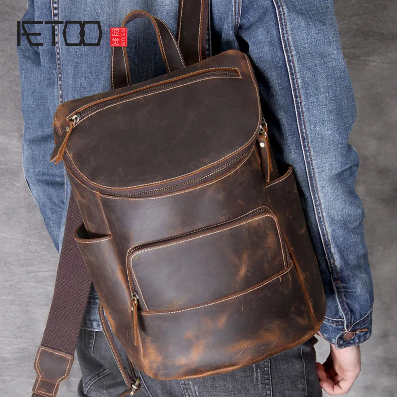 

Рюкзак AETOO в стиле ретро из кожи Крейзи Хорс, мужской кожаный рюкзак ручной работы, универсальный рюкзак из воловьей кожи с верхним слоем