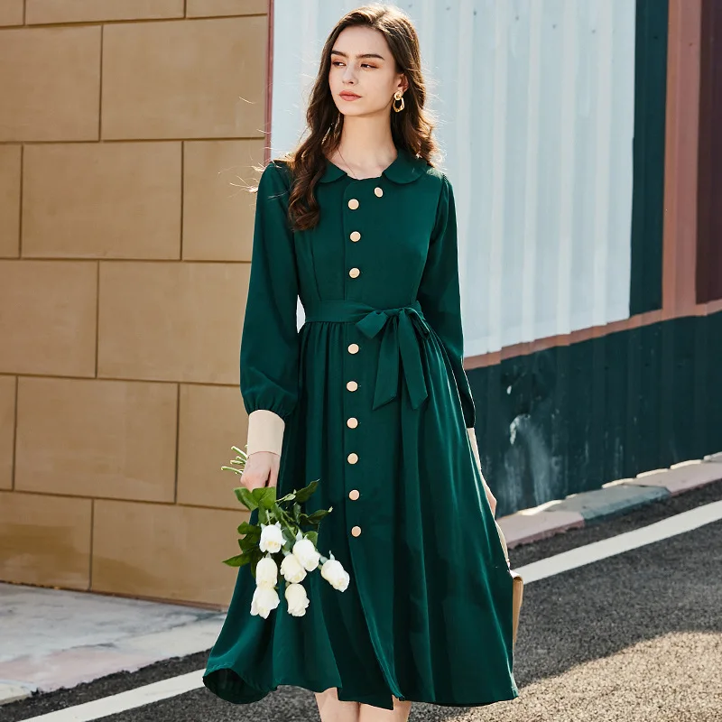 

French Vintage Women's Dress Spring Autumn Retro Slim Sashes Waist Shirt Dress Elegant Solid A-line Long Dress Female Vestidos
