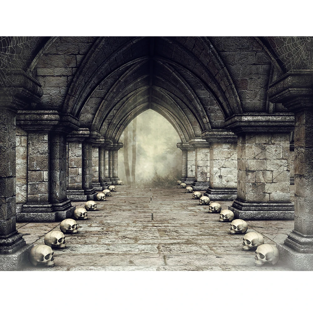 Фон для детской портретной фотосъемки на Хэллоуин с ночным черепом замок в лесу