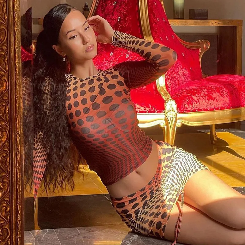 

Elegant Sexy Bodycon Dress Sets For Women Long Sleeve Dot Print Crop Top And Mini Skirts Suits Two Piece Set Party Club Outfits