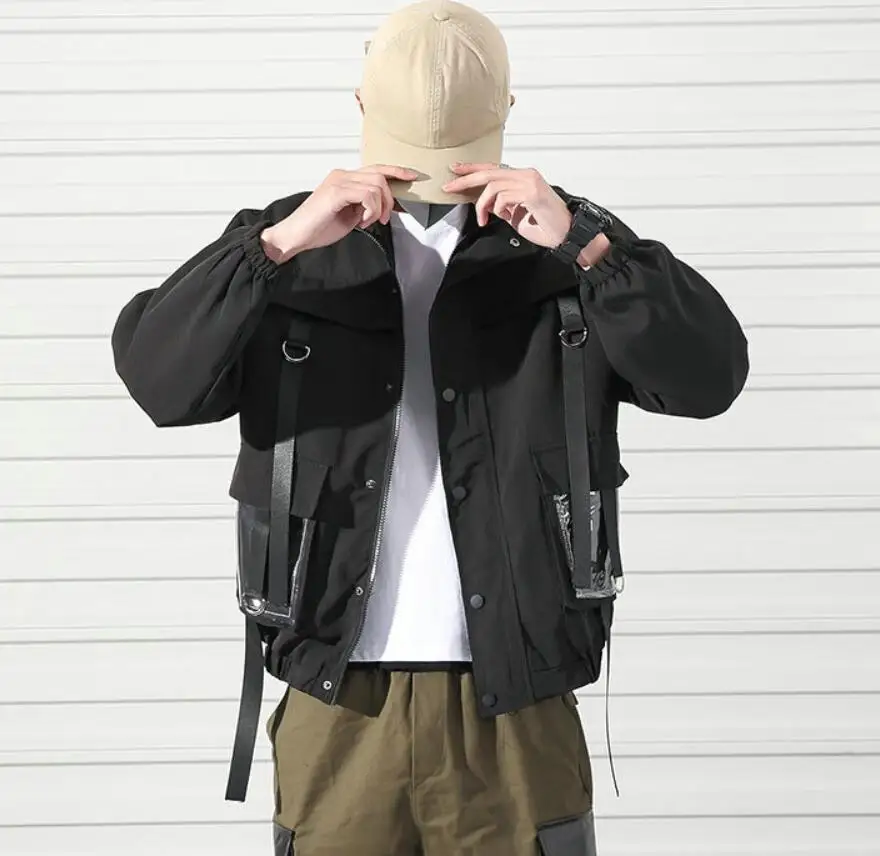 

2020 Men Military Jacket Coats Casual Windbreaker Ribbons Pockets Overalls Bomber Jacket Hip Hop Streetwear Man Outwear w1522