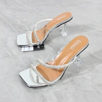 womens high heel sandals 2021 summer new rhinestone belt transparent horseshoe heel slippers fashion party women sandals 7 5cm