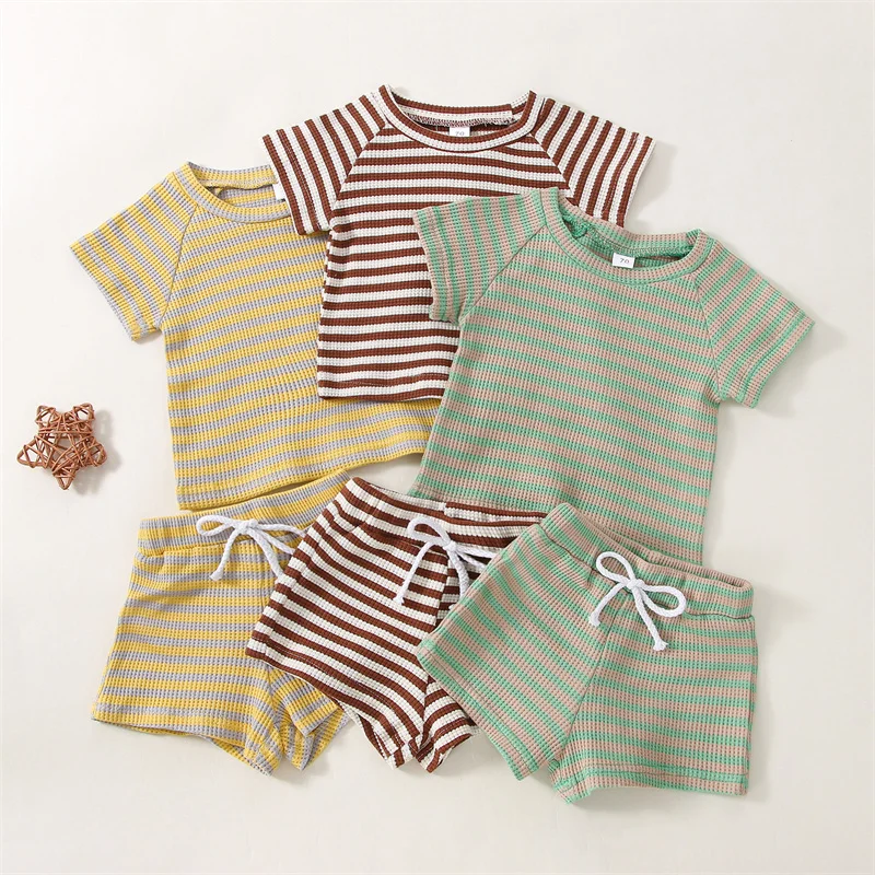 

0-24 Months Toddler Girls Boys Summer Clothes Short Sleeve Round Neck T-shirt + Striped Drawstring Shorts Outfit 2 Pcs