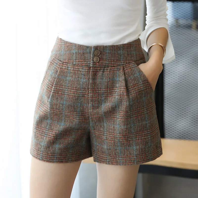 Клетчатые Шерстяные шорты с высокой талией на зиму 2019 тонкие повседневные