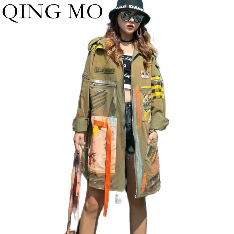 

QING MO Fashion Stitching Graffiti Denim Windbreaker Women 2021 New Autumn Loose Zipper Cardigan Long Female Jacket ZWL1218