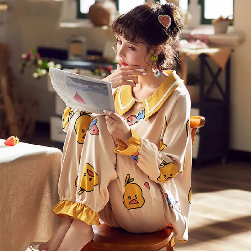 Ladies Pajamas Spring Autumn Round Neck Long-sleeved Sleepwear Suit Casual and Comfortable Home Wear Can Wear Pajamas Set Women