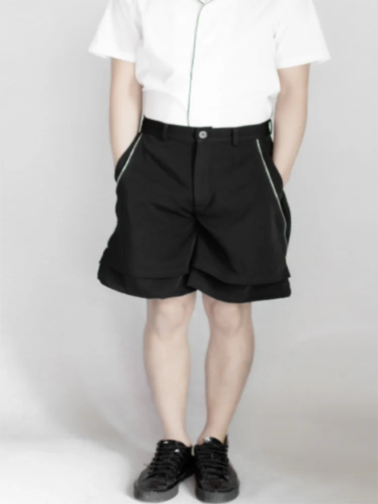 The new summer youth trend men's shorts black zipper spliced wide leg shorts casual fashion pocket design