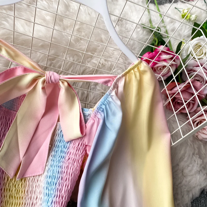 

Korean Rainbow Gradient Tie Dye Jumpsuit Summer Chiffon Drapped Wide Leg Pants Jum Suits Women Boho Square Collar Romper Womens