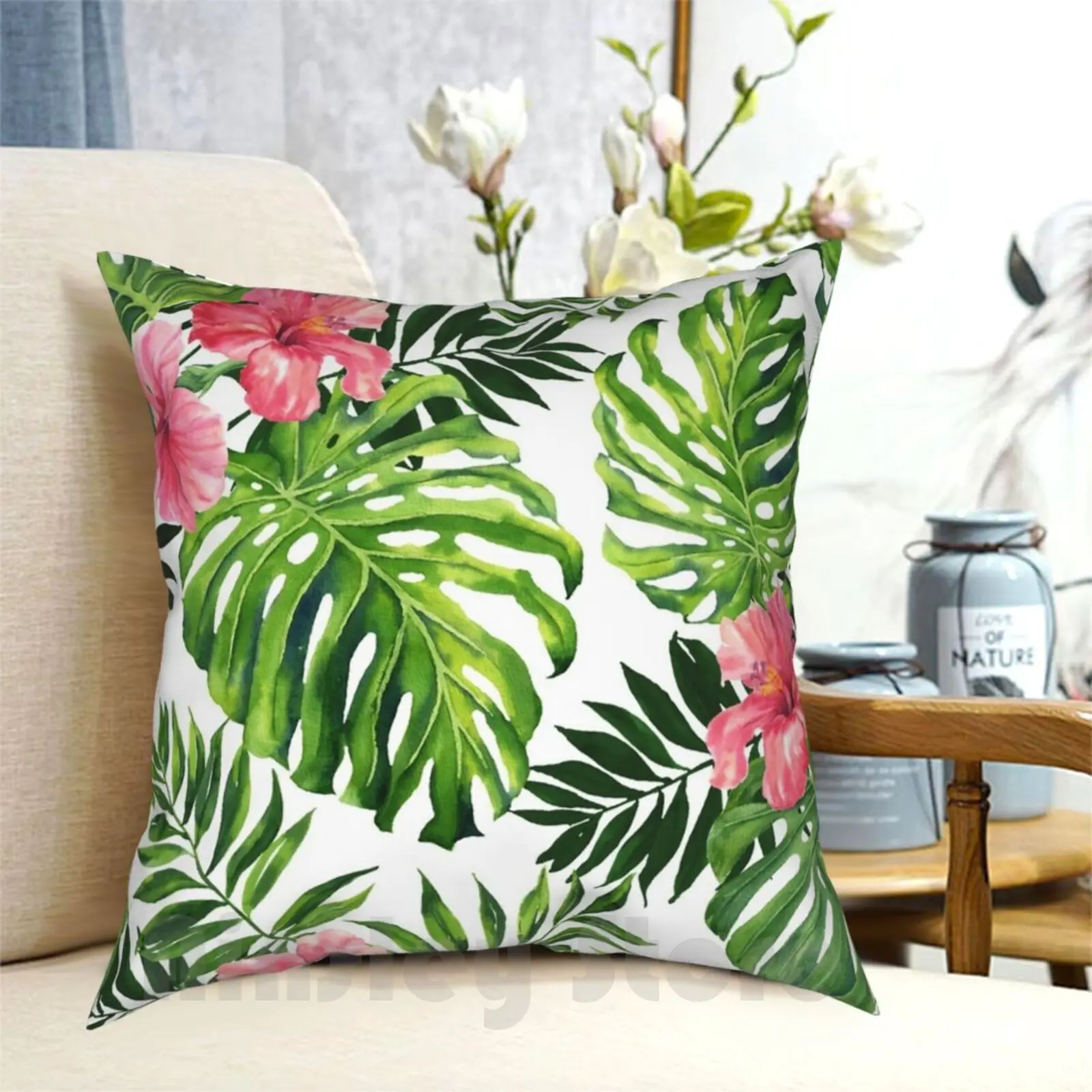 

Tropical Hibiscus Pillow Case Printed Home Soft Throw Pillow Pattern Tropical Fashion Seamless Textile Plant Jungle