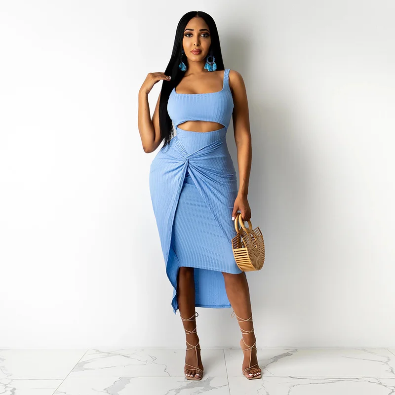 

2021 Summer Fashion Sexy Dressing Area Fashion Solid Color Hollow Hollow Square Neck Sleeveless Vest Twisted Vest Long Dress New