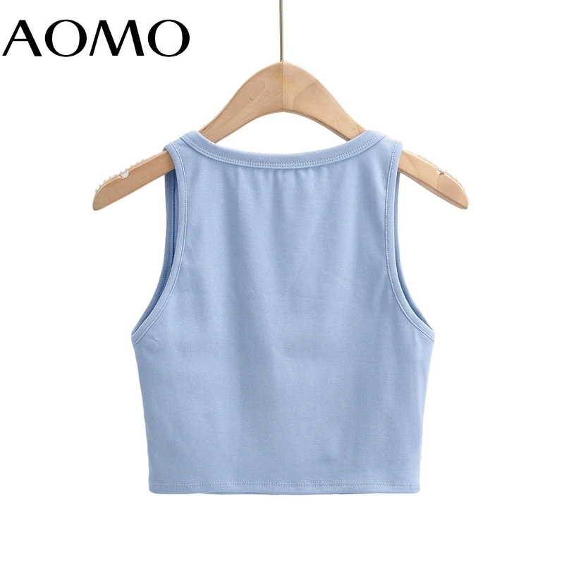 

AOMO 2021 Women Blue Strethy Tank Camis Top Sleeveless Backless Short Crop Shirts Female Solid Tops 4P96A