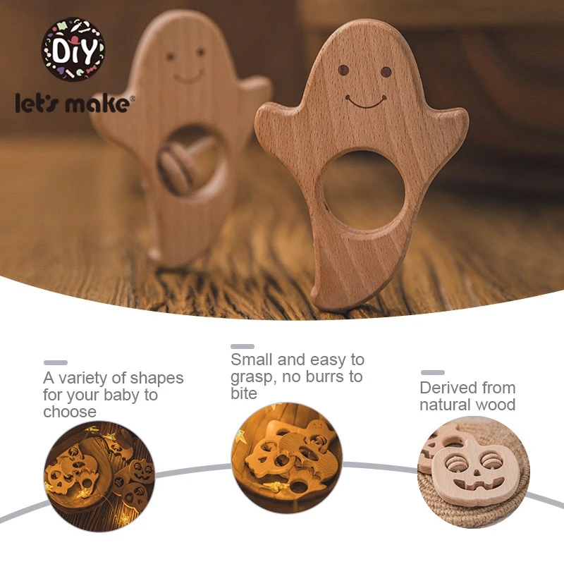 Let's Make-mordedor de madera de haya para beb&eacute;s, juguetes de Halloween, Cr&aacute;neo de calabaza, C&iacute;rculo de dentici&oacute;n, mordedores de madera para reci&eacute;n nacidos, DIY, 5 uds.-5