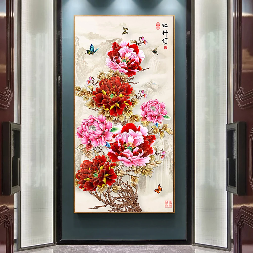 

Алмазная живопись с цветами пиона в китайском стиле «сделай сам», вышивка крестиком, мозаичная картина, полноразмерная круглая Алмазная 5d В...