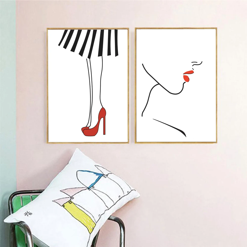 

Poster Red Lip Line Drawing Art Lady Wall Art Canvas Painting Red High Heels Prints Wall Picture for Girls Room Interior Decor