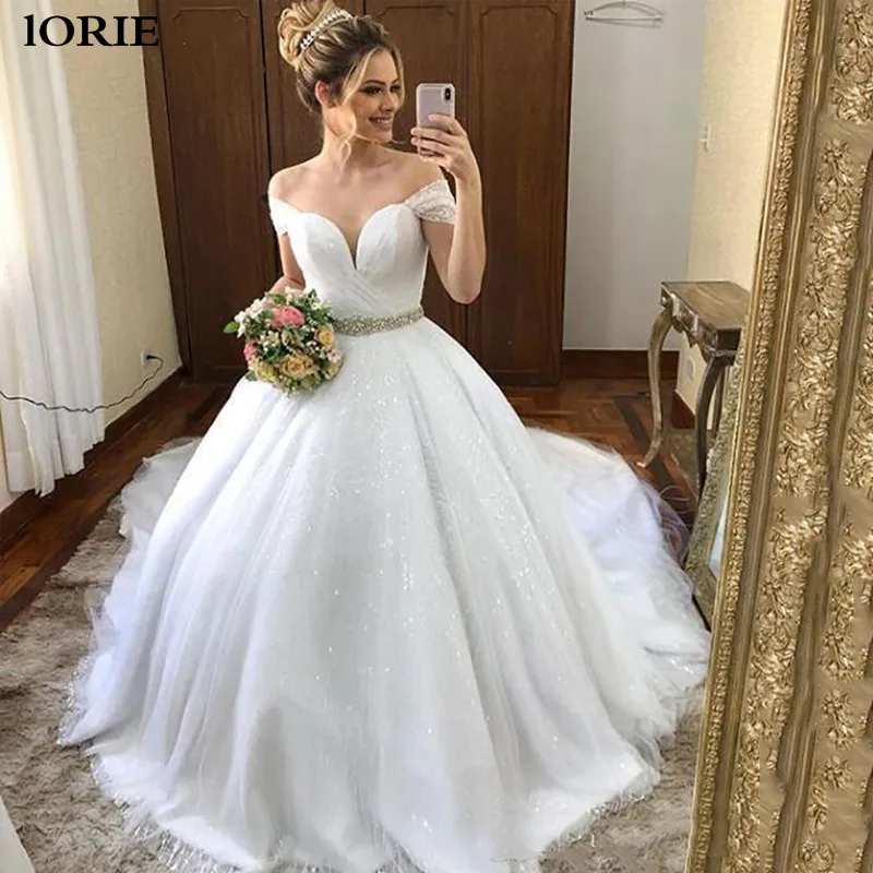 

Блестящее свадебное платье принцессы LORIE с открытыми плечами, блестящее бальное платье для невесты, свадебные платья из дубая