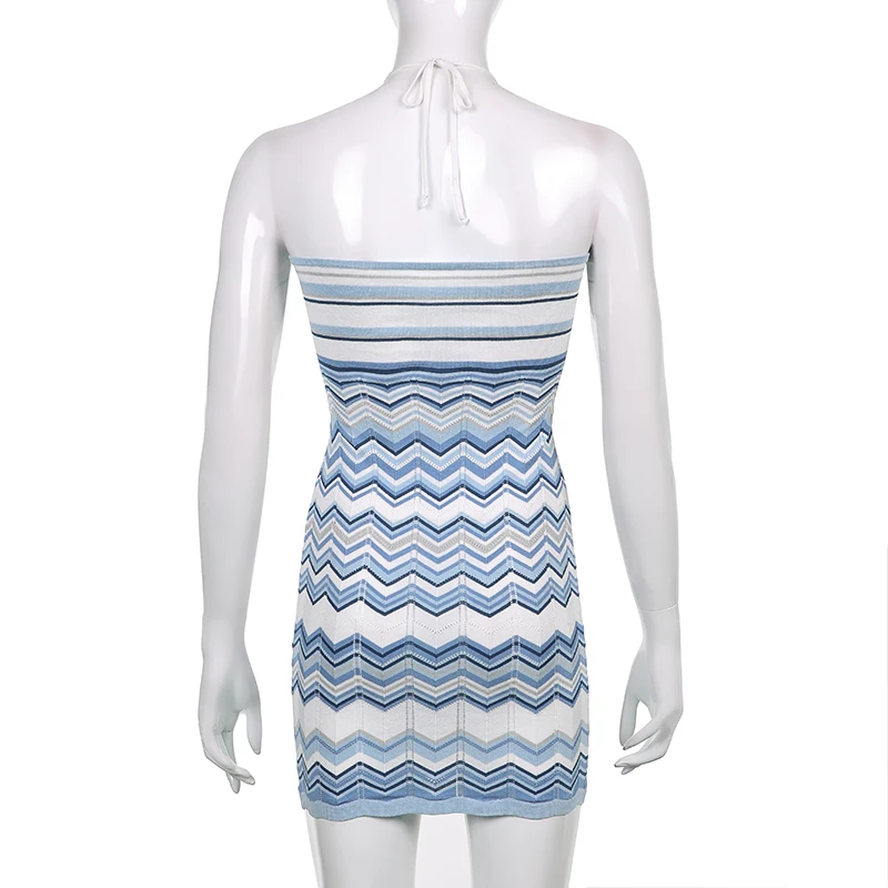

HEYounGIRL Wave Striped Print Backless Bodycon Knitted Dress Women Sexy Vintage Halter Mini Dresses Ladies Y2K Summer Street