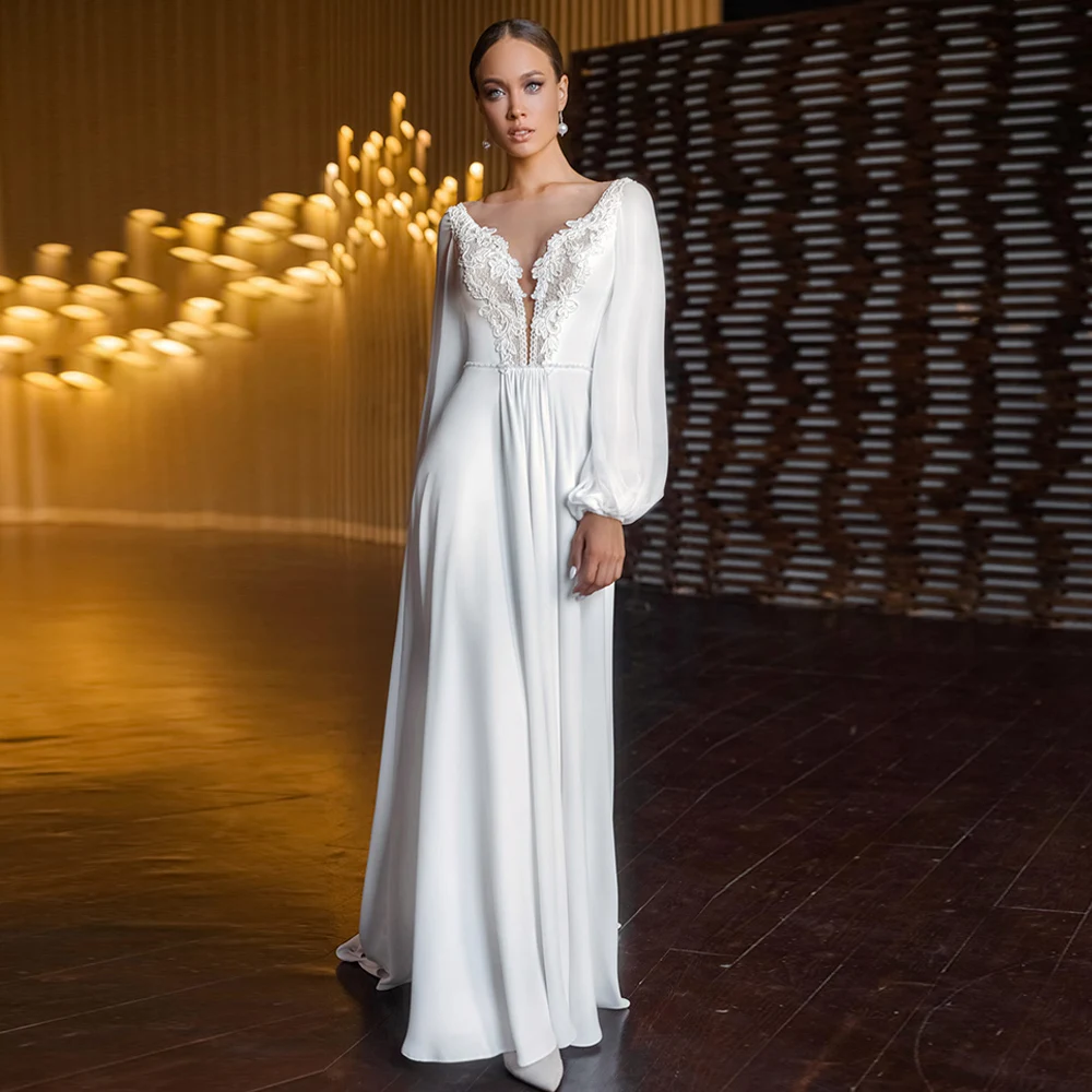 

Jiayigong Cheap Boho Wedding Dress Lantern Sleeves Scoop Neck Chiffon Wedding Gowns A Line Sweep Train Beach Bridal Dresses