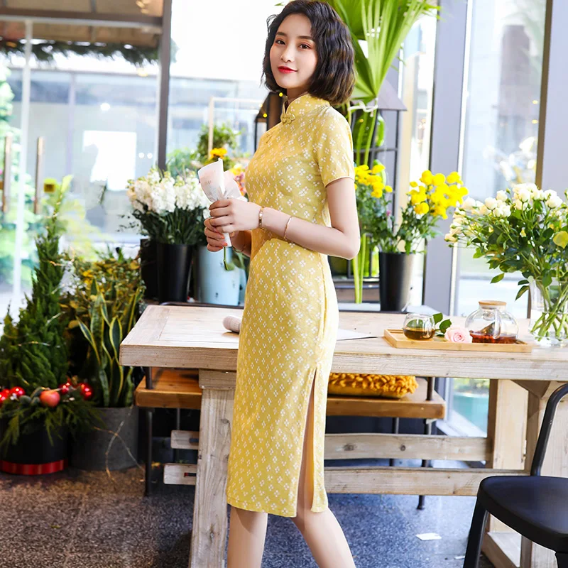 Женское вечернее Платье До Колена Ципао с коротким рукавом и воротником мандарин