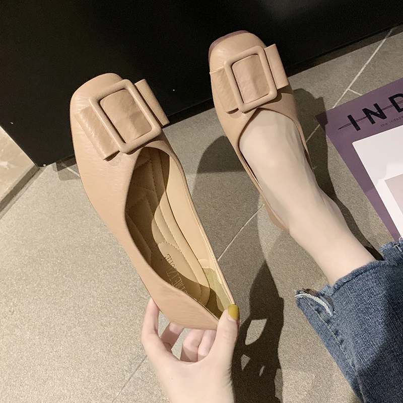 

Soft Square Toe Casual Woman Shoe All-Match Female Footwear Modis Elegant Shallow Mouth Buckle Moccasin Dress Grandma 2021 New