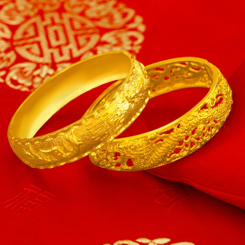 

24k Yellow Gold Plated Bracelet For Women Vietnam Sand Gold Dragon Phoenix Hand Chain Bracelet Female Bride Wedding Fine Jewelry