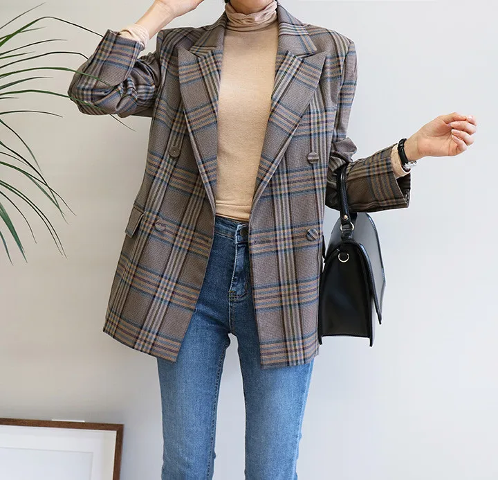 Женский винтажный двубортный блейзер в клетку куртка с карманами женское