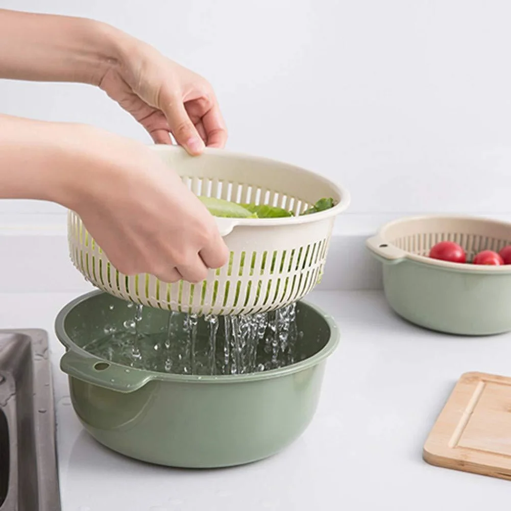2Pc Kitchen Drain Basket Bowl Rice Washing Colander Baskets Strainer Noodles Vegetables Fruit Double Storage Baske | Дом и сад