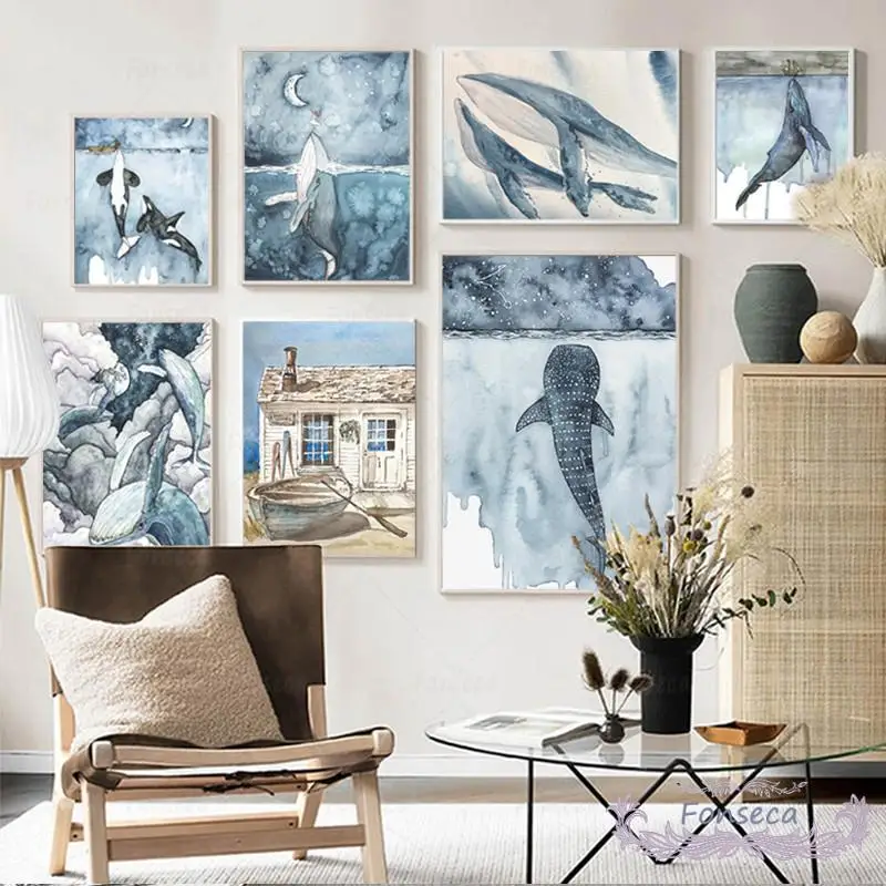 

Nordic Killer Whale Moon Girl Poster Cartoon Marine Life House Sea Canvas Painting Wall Art Pictures Kids Room Nautical Decor