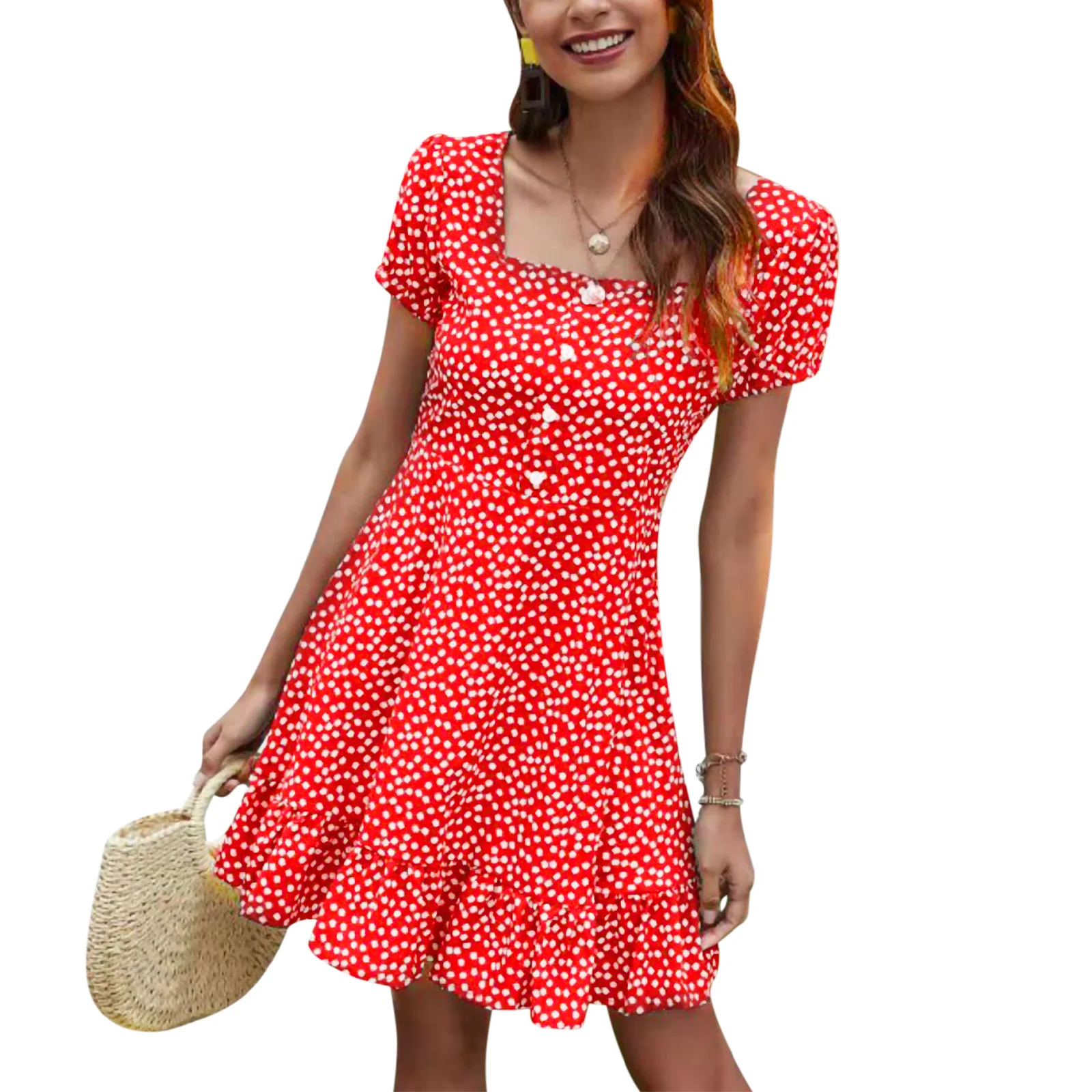 

Летнее платье Laides с цветочным принтом, цельное платье с коротким рукавом, квадратным вырезом и пуговицами для взрослых