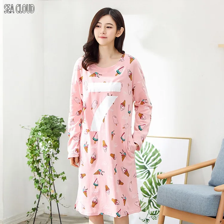 

Free shipping Spring & autumn plus size cotton Striped o-neck long nightgown female long-sleeve women nightwear 100kg