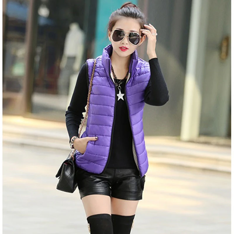 Женский жилет осенне зимняя куртка короткая однотонная с воротником стойкой из