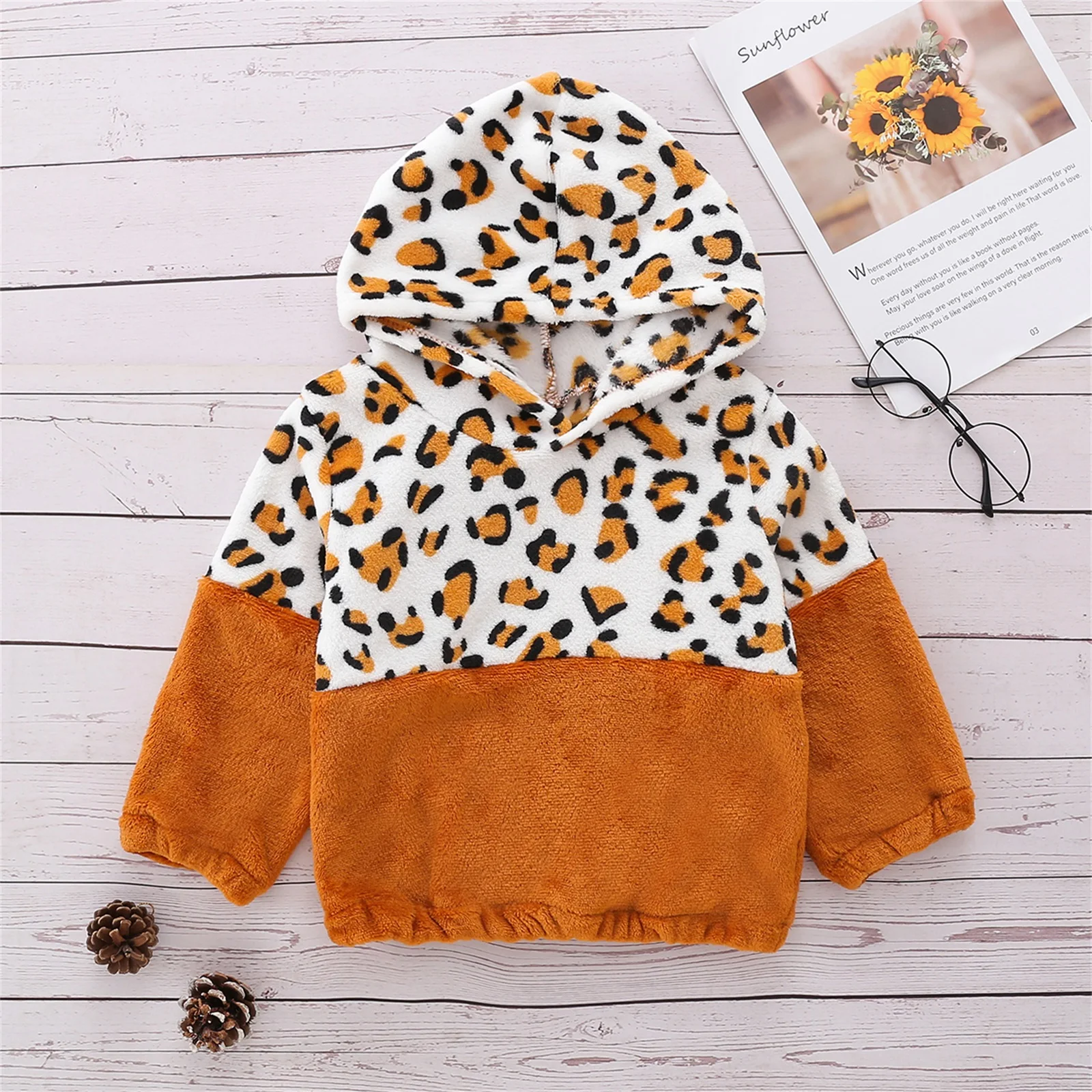 

Kid Plush Shirt, Long Sleeve Hooded Leopard Fall Loose Tops Girl Velvet Warm Blouse