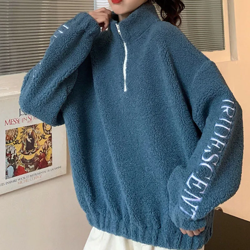 

White Embroidered Zipper Stand Sweatshirt Women Plus Size Loose Vintage Pullover Warm Winter Long Sleeve Fashion Tops for Teens
