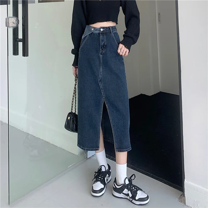 

Temperament Medium Long A-line Half Skirt Spring and Autumn 2021 New Female Design Sense of Minority High Waist Split Denim